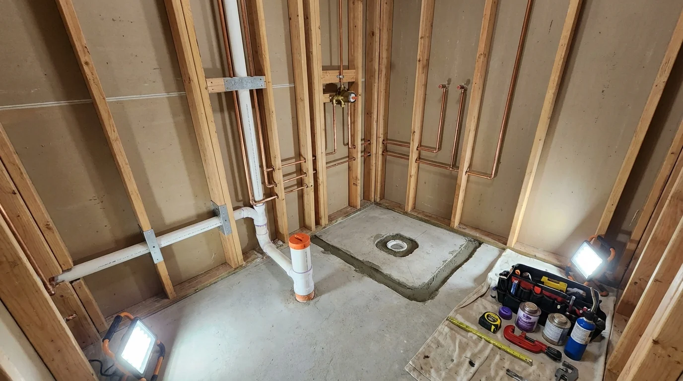 Bathroom rough-in plumbing during remodel by Johns Plumbing LLC in Benavides