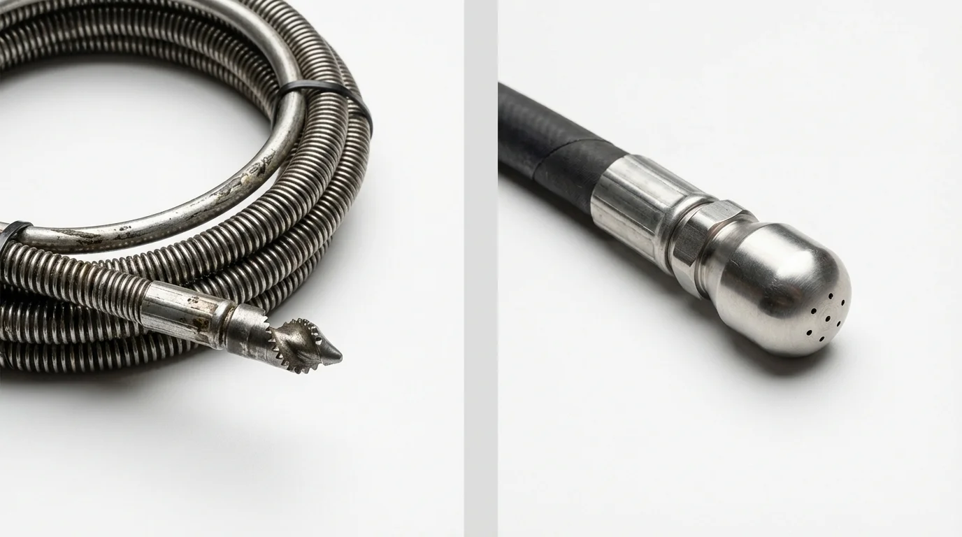 Drain snake cable and hydro jetting nozzle used for drain cleaning in Benavides, TX
