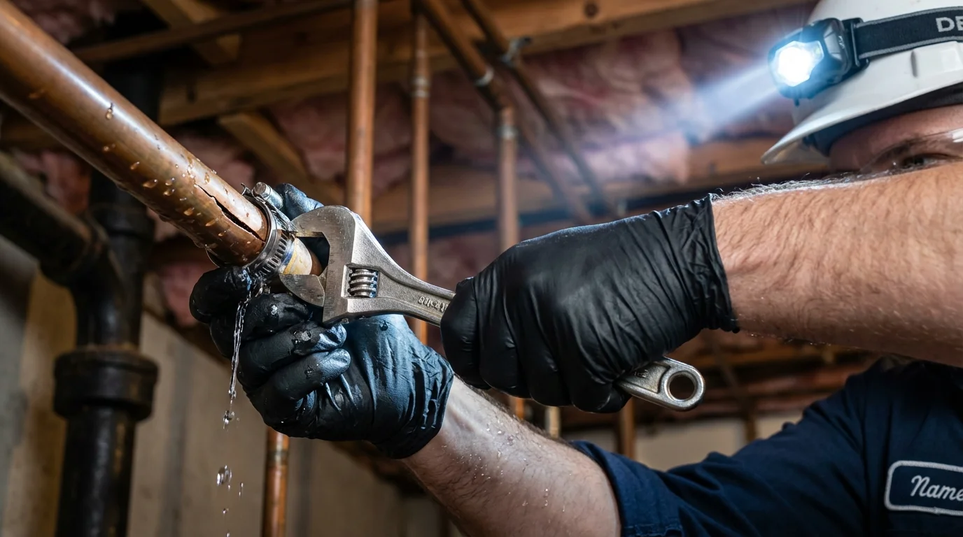 Emergency pipe clamp repair being performed by a Johns Plumbing LLC plumber in Benavides