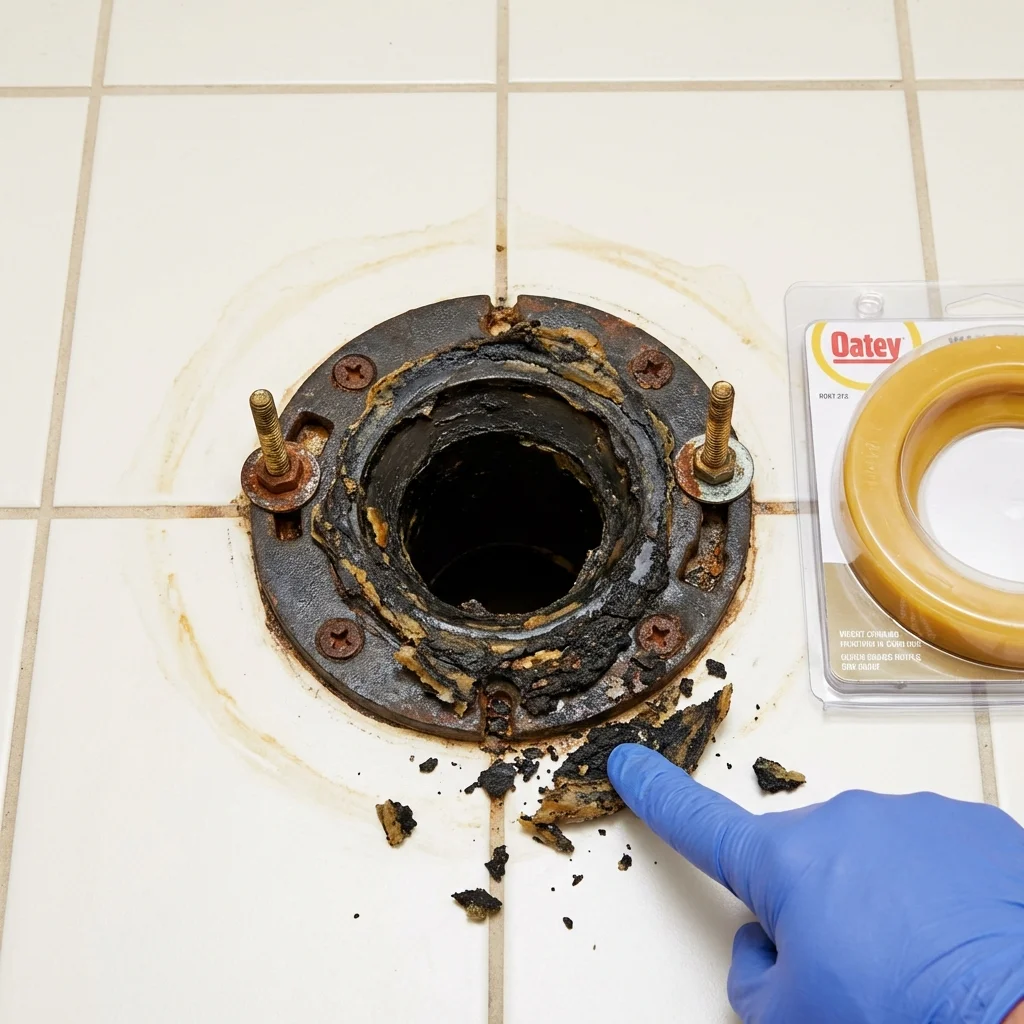 Failed wax ring showing water seepage at the base of a toilet in a Benavides, TX home